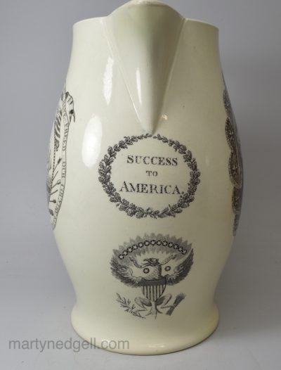 Creamware pottery jug commemorating George Washington and the beginnings of America's Independence, circa 1790, probably Liverpool Pottery