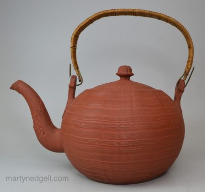 Staffordshire red stoneware engine turned tea kettle, circa 1770