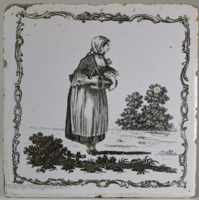 Liverpool Delft tile decorated with a Sadler print of a girl playing the Hurdy-Gurdy circa 1770