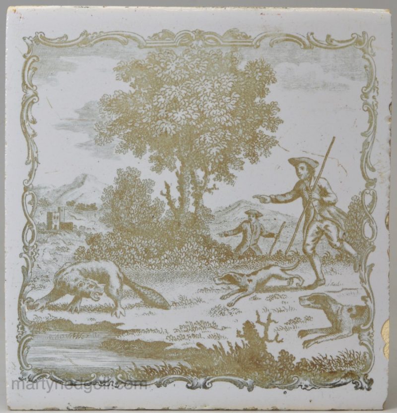 Liverpool delft tile decorated with a Sadler Æsop's fable print "The Hunted Beaver" , circa 1770