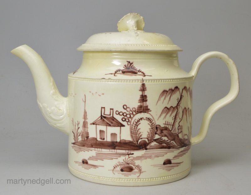 Creamware pottery teapot decorated in manganese under the glaze, circa 1770 probably Yorkshire pottery