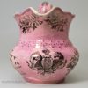 Pearlware pottery pink lustre jug decorated with prints to commemorate the death of George IV in 1830