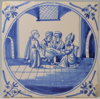 Dutch Delft Biblical tile, "Judas with 30 pieces of silver"circa 1750