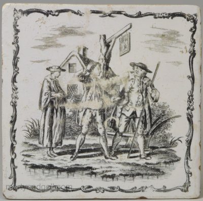 Liverpool delft tile decorated with a Sadler print, circa 1770