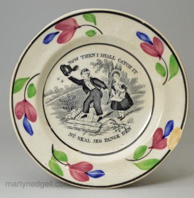 Pearlware pottery child's plate made for the Danish market, circa 1830 Fell & Co