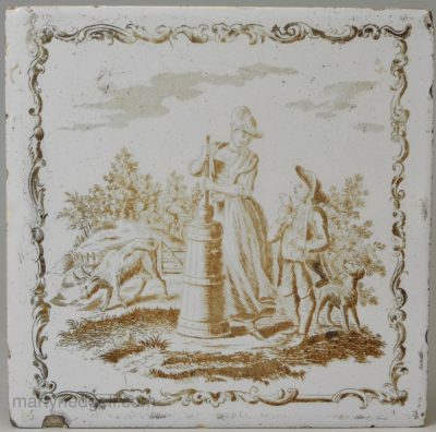 Liverpool Delft tile decorated with a Sadler print, circa 1765