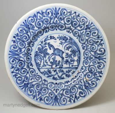Tin glazed plate painted in blue, circa 1675, Savona, Italy