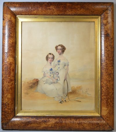 Watercolour of sisters with their doll and skipping rope, circa 1840