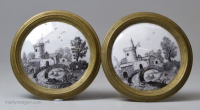 Bilston enamel cloak pins, circa 1780 printed with bucolic scenes