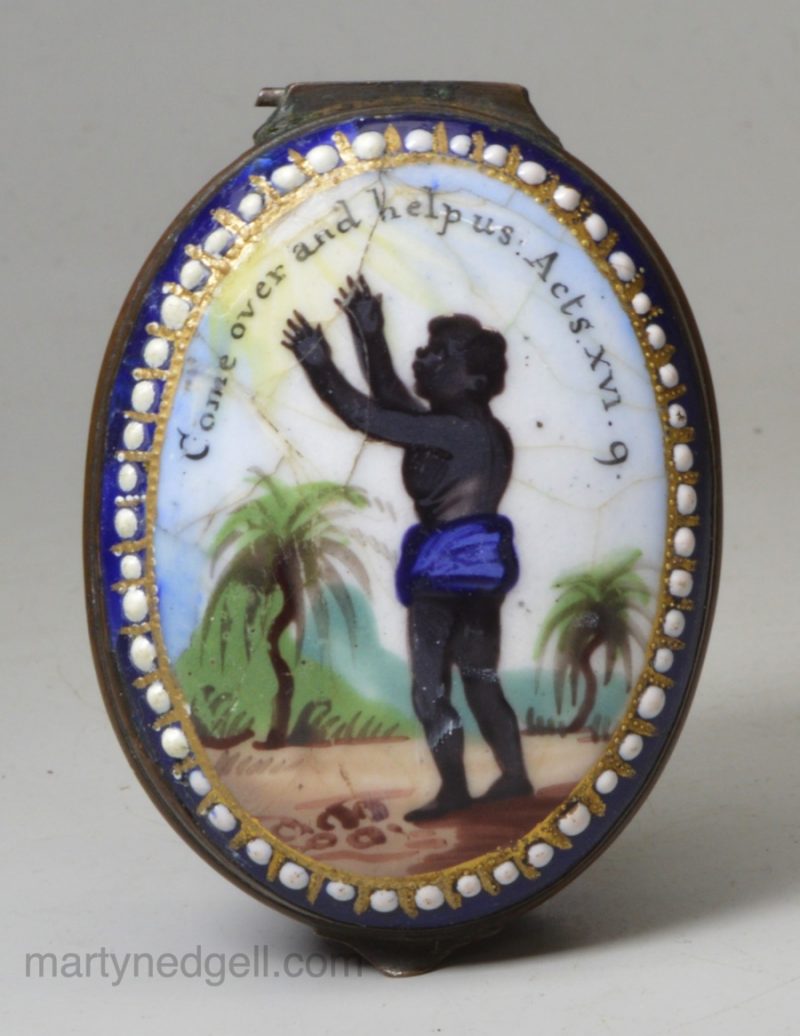 Bilston enamel anti-slavery patch box, circa 1770 'Come over and help us" Acts16:9