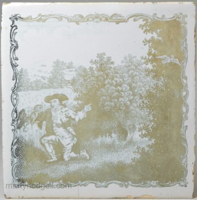 Liverpool delft tile decorated with a Sadler Æsop's fable print 'The Hawk and the Farmer' , circa 1770