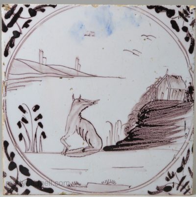 Bristol Delft tile painted in manganese with a fox, circa 1750