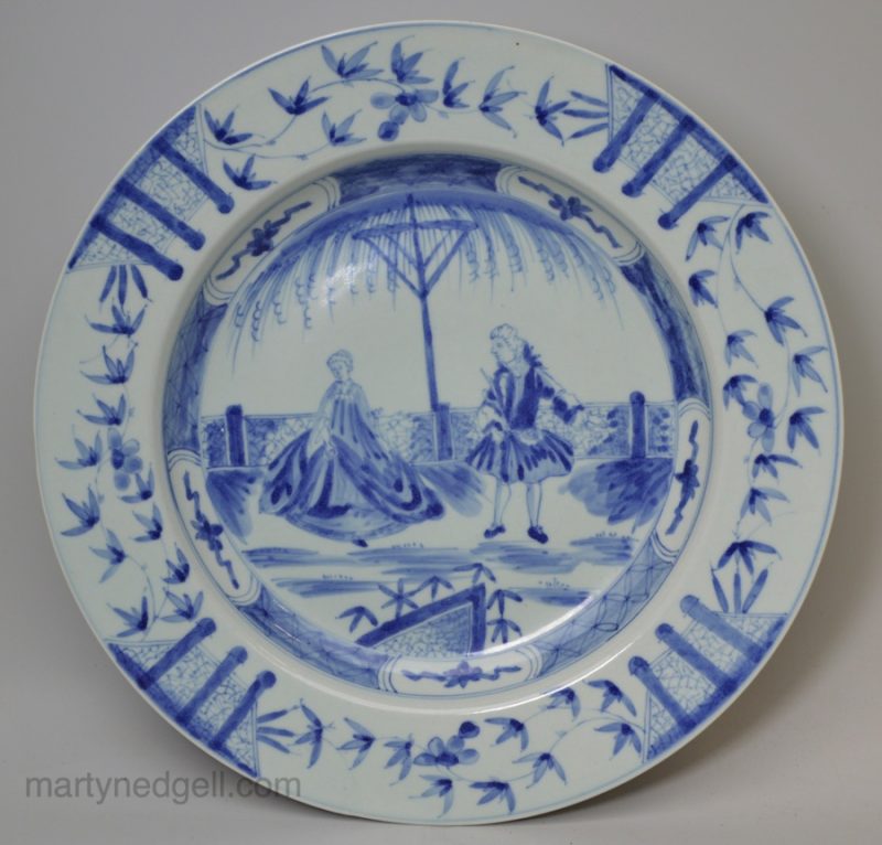 Chinese porcelain charger decorated with European actors, circa 1760, probably a replacement for a delft service