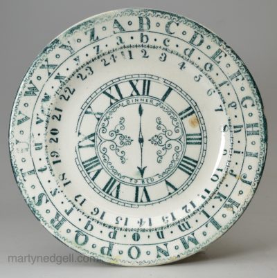 Pearlware pottery child's Alphabet and Clock plate, circa 1900 Barkers & Kent Ltd Staffordshire