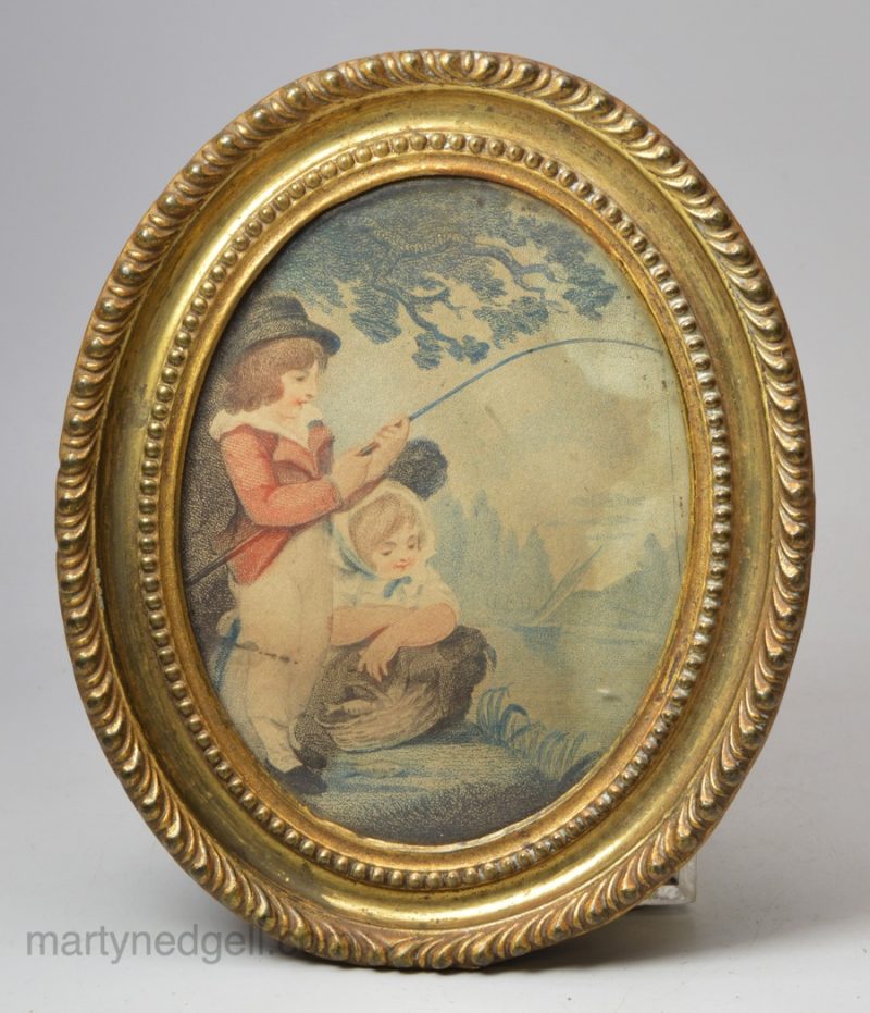 Stipple engraving in a pressed gilded brass frame, circa 1800