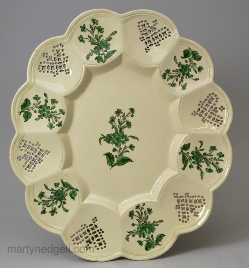 Creamware pottery oval pierced dish decorated with green enamels, circa 1770