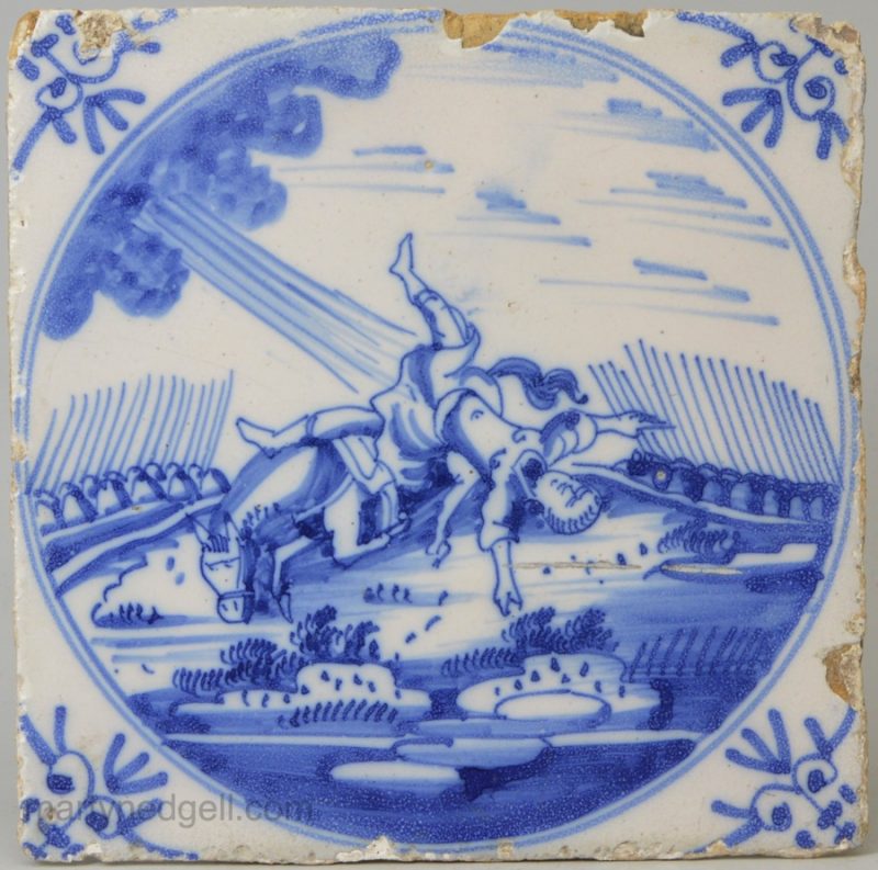Dutch Delft Biblical tile, 'Saul falling off his horse on the way to Damascus', circa 1750