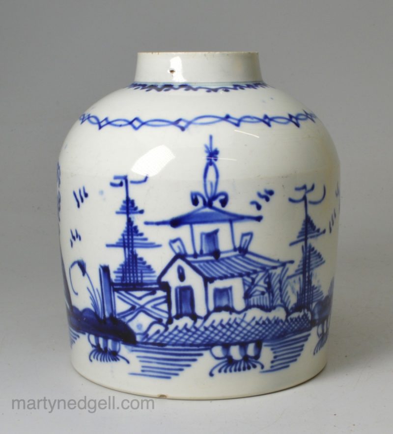 Pearlware pottery tea canister decorated in blue under the glaze, circa 1800