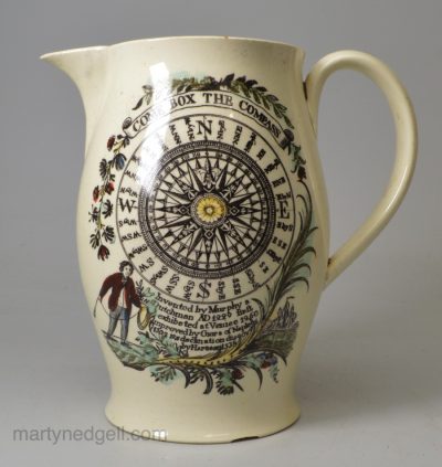 Creamware pottery jug 'COME BOX THE COMPASS', circa 1790