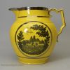 Canary yellow jug printed with a country house scene and decorated with silver lustre, circa 1820