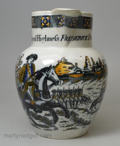 Commemorative pearlware pottery jug 'His Royal Highness FREDRICK DUKE of YORK', circa 1810