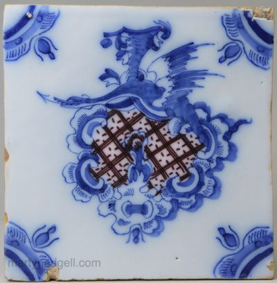 Liverpool delft tile painted with a dragon, circa 1760