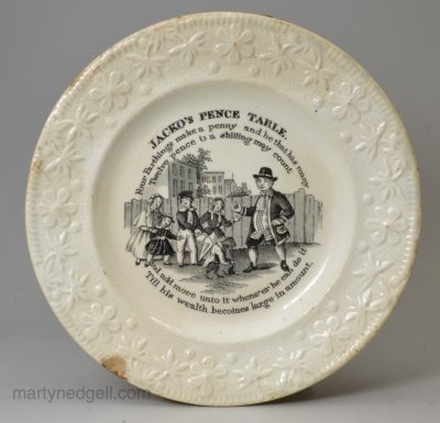 Pearlware pottery Childs plate "JACKO'S PENCE TABLE", circa 1840