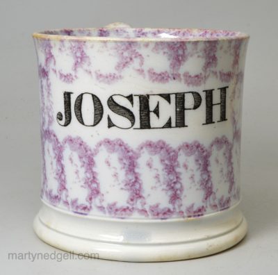 Pearlware pottery mug decorated with sponging and 'JOSEPH', circa 1830