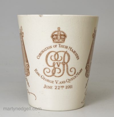 Royal Doulton pottery commemorative beaker the Coronation of King George V and Queen Mary presented at the Festival of Empire Crystal Palace in 1911