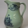 Pearlware pottery jug covered with green slip and printed with an American Temperance Maine Act commemoration, circa 1855