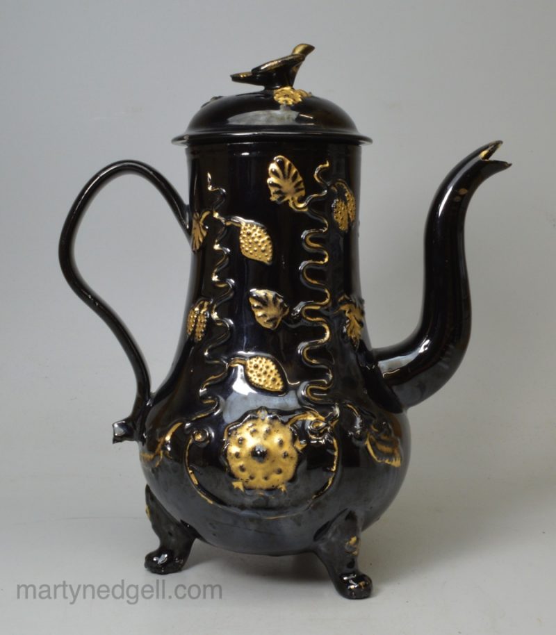 Jackfield black coffee pot with original honey gilding, circa 1770