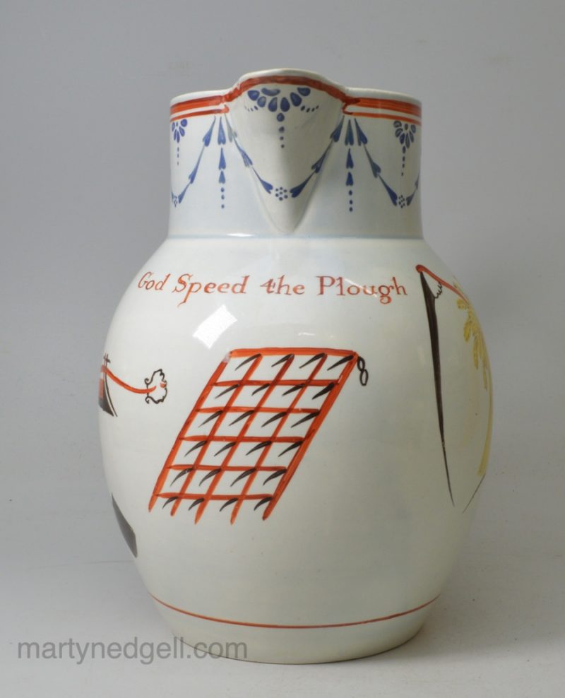 Pearlware pottery jug decorated with enamels over the glaze 'God Speed the Plough", circa 1820