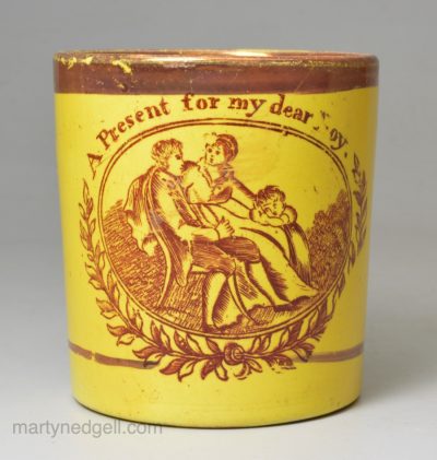canary yellow child's mug 'A Present for my dear Boy', circa 1820