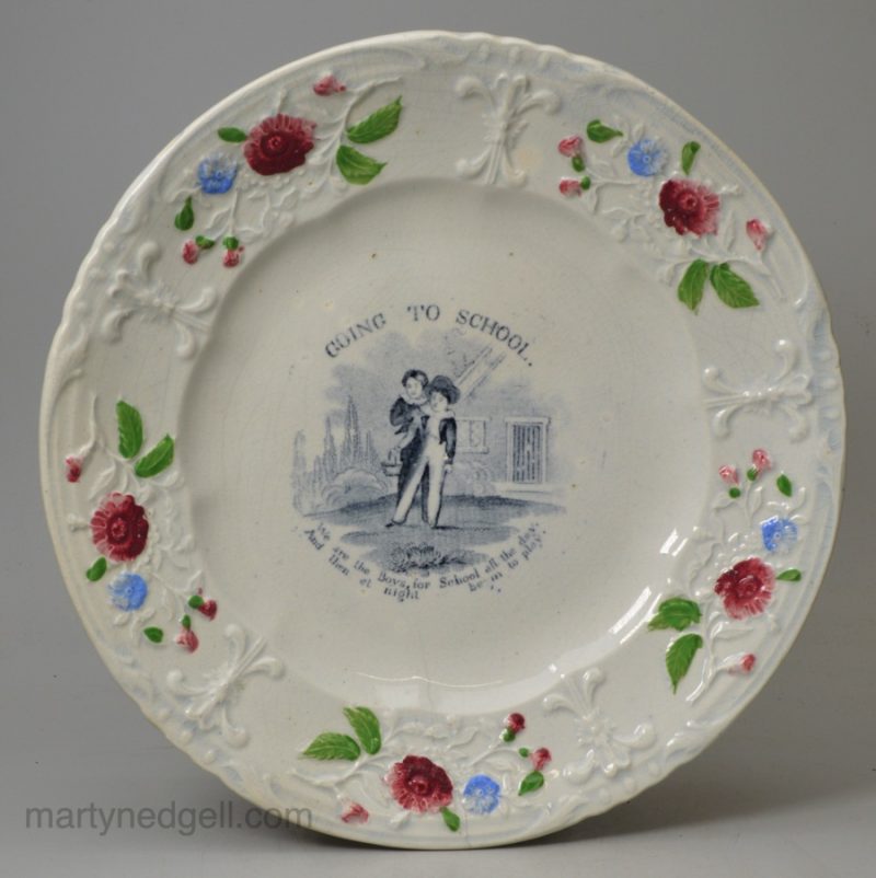 Pearlware pottery child's plate 'GOING TO SCHOOL', circa 1830