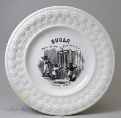 Pearlware pottery plate 'SUGAR CANE MILL', circa 1845 J. Car & Co Pottery, North Shields