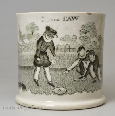 Pearlware pottery child's mug 'RING TAW', circa 1840
