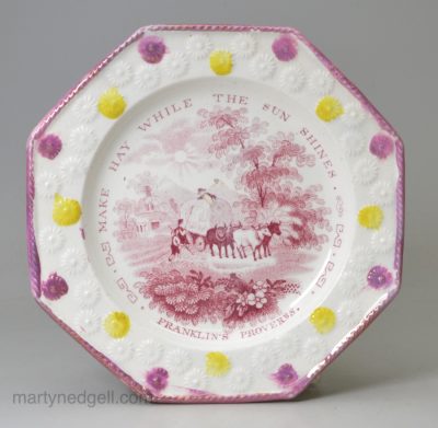 Pearlware pottery child's plate 'FRANKLIN'S PROVERBS, MAKE HAY WHILE THE SUN SHINES', circa 1830