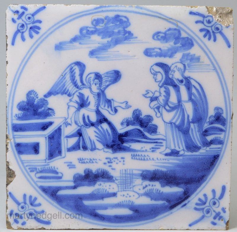 Dutch Delft Biblical tile 'The two Marys looking for Jesus', circa 1750
