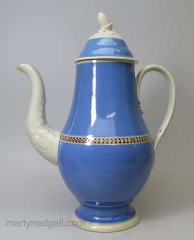 Large pearlware pottery coffee pot decorated with blue slip and brown inlaid checker, circa 1800