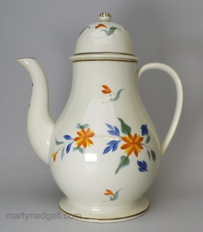 Large prattware pottery coffee pot, circa 1820