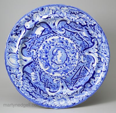 Commemorative Davenport pearlware pottery plate decorated with a blue transfer print commonly called 'Farmer George', circa 1820