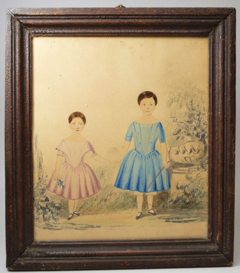 Naive watercolour of a brother and sister, circa 1840