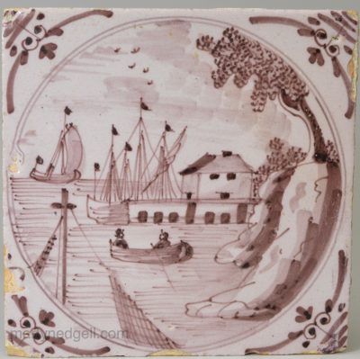 London delft tile painted in manganese, circa 1750