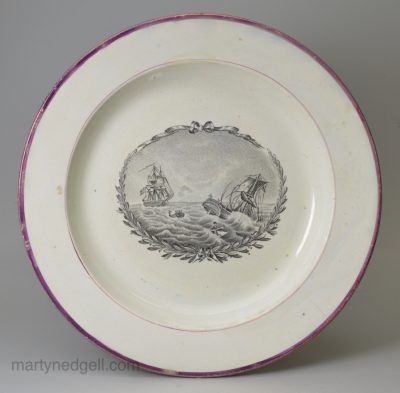 American war of 1812 pearlware plate printed with the Hornet sinking the Peacock, circa 1815