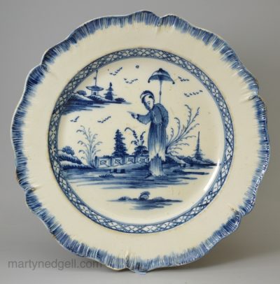 Creamware pottery shell edge plate painted in blue under the glaze, circa 1790