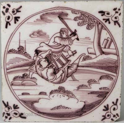 Dutch Delft Biblical tile 'Peter cutting off the ear of the High Priests servant', circa 1750