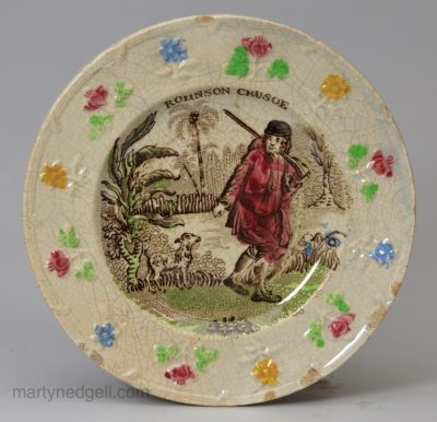 Pearlware pottery child's plate 'ROBINSON CRUSOE', circa 1840