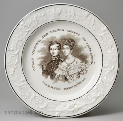 Pearlware pottery plate commemorating the marriage of Queen Victoria and Prince Albert on February 10th 1840