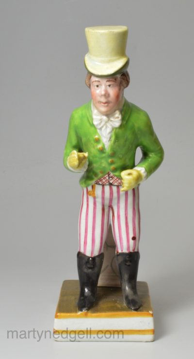 Staffordshire pearlware figure of John Liston in the part of Paul Pry, circa 1830