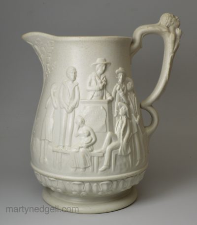 Stoneware jug moulded with scenes from Uncle Tom's Cabin, Circa 1850 Ridgway and Abington Pottery Staffordshire
